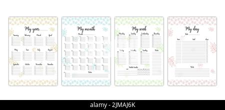 Planner-Vorlagen. Vektor-Set von bunten druckbaren Aufgaben Organisatoren für Jahr, Monat, Woche und Tag. Leere Buchseiten des persönlichen Planers. Tropisches Blatt de Stock Vektor