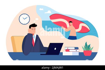 Müde Geschäftsmann bei der Arbeit träumen von Urlaub. Geschäftsmann, der am Laptop arbeitet, Mann im Traum, der sich am Strand entspannt, Vektor-Illustration. Urlaub, s Stock Vektor