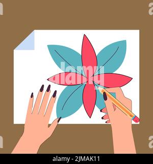 Draufsicht auf das Handzeichnen der Blume auf einem Blatt Papier. Künstler oder Kunstschüler zeichnen mit Bleistift flache Vektor-Illustration. Hobby, Freizeit, educati Stock Vektor