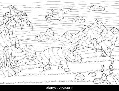 Dinosaurier Färbung Landschaft Grafik schwarz weiß Skizze Illustration Vektor Stock Vektor