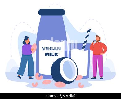 Kleine Menschen mit Paket von veganer Milch flach Vektor-Illustration. Auf pflanzlicher Basis, Mandel, Hafer, Reis, Hanfsamen, Soja, laktosefreie Milch für Veganisten oder pe Stock Vektor