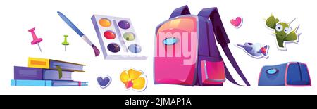 Schule Schreibwaren und Zubehör. Vector Cartoon Satz von Rucksack, Notebooks, Bücher, Stiftetui, Stifte, Pinsel, Aquarellfarben und Aufkleber isoliert auf weißem Hintergrund Stock Vektor