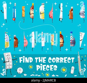 Finden Sie die richtigen Stücke, Spiel Arbeitsblatt mit Cartoon-Drogen, Pillen und Medikamente Zeichen, Vektor. Kinder Tischrätsel, um die gleiche Hälfte der medizinischen Pil zu finden Stock Vektor