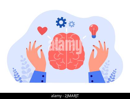 Arbeit der Person mit rationalen und fühlenden Seite des Gehirns. Hände und abstrakter Kopf mit flacher Vektorgrafik für Herz und Glühbirne. Psychologiekonzept Stock Vektor