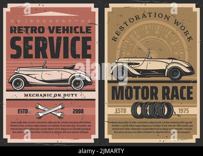 Retro-Autoservice, Motorrad-Vektor-Poster. Alte Fahrzeuge Reparatur und Restaurierung Werke Mechaniker Garage Station, klassische Automobile Motorsport-Rennen Stock Vektor