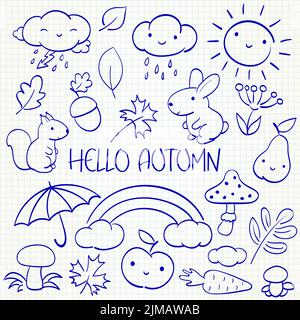 Hallo Herbst. Kinder Sammlung von Doodle-Elemente - Tier, Regenbogen, Wolke, Sonne, Pilz, Karotte, Regenschirm. Satz von Skizzen in handgezeichneter Form. Vecto Stock Vektor