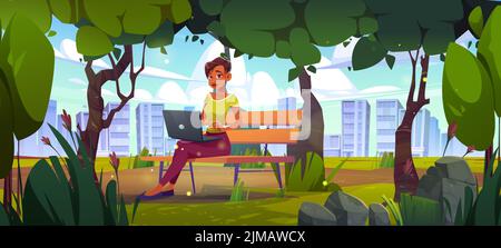 Freiberufliche Mitarbeiterin mit Laptop arbeitet im Stadtpark. Weibliche Figur, die auf einer Holzbank mit grünen Pflanzen und Bäumen sitzt, mit Blick auf die Stadt und Häuser. Outdoor freiberuflich Job Cartoon Vektor Illustration Stock Vektor