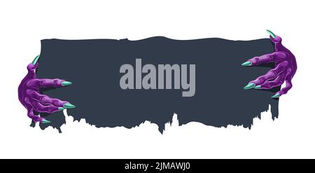 Halloween Banner mit Vampirhänden. Cartoon Vektor-Design mit Monster Pfoten halten zerrissene Rolle. Gruselige Charaktere lila Finger mit grünen Talonen h Stock Vektor