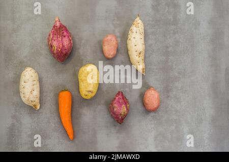 Tolles Konzept der gesunden Ernährung, verschiedene Gemüse, Kartoffeln, Süßkartoffeln, Karotten, auf grauem Hintergrund, poliertem Beton. Stockfoto