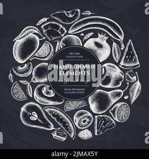 Kranzdesign mit Früchten. Handgezeichnete Bananen, Birnen, Kiwi usw. Stock Vektor