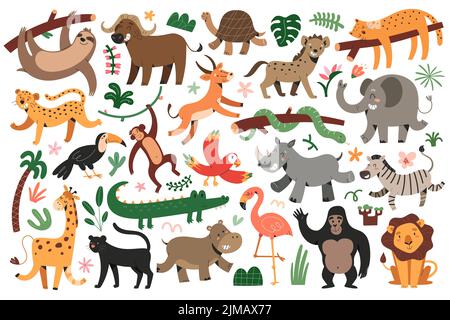 Jungle Tiere bungle, tropischer Leopard, Katzen, tanzende Giraffe und Zebra, schlafender jaguar, Satz von Vektor-Illustrationen, niedliche Charaktere für Stock Vektor