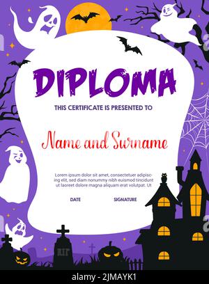Kinder Diplom, Halloween Geister auf dem Friedhof, Bildungszertifikat, Vektor Anerkennung Auszeichnung. Schule oder Kindergarten Klassen Diplom mit lustigen Hallow Stock Vektor