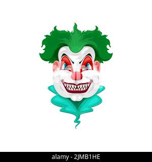 Scary Zirkus Monster Gesicht mit grünen Perücke isoliert Cartoon-Charakter. Vektor böse Clown mit scharfen Zähnen, Halloween Urlaub gruseliges Monster mit roten nos Stock Vektor