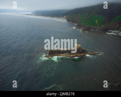 Drohne geschossen. Ein großer bizarrer Felsbrocken im Ozean. Grüne Bergkette an der Küste. Wildtiere. Ökologie, Umweltschutz, Klimawandel, Glob Stockfoto