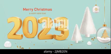 Frohes Neues Jahr 2023. Zahlen 2023 mit Pelzbällen und weißen Pelzweihnachtsbäumen auf blauem Hintergrund. Trendy Xmas Hintergrund mit Glaskugeln, Glitter gehen Stock Vektor