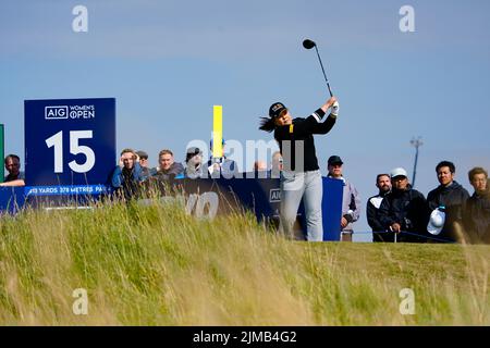 Gullane, Schottland, Großbritannien. 5.. August 2022. Zweite Runde der AIG Women’s Open Golf Championship in Muirfield in East Lothian. PIC; Inbee Park-Fahrer auf 15. T-Stück. Iain Masterton/Alamy Live News Stockfoto