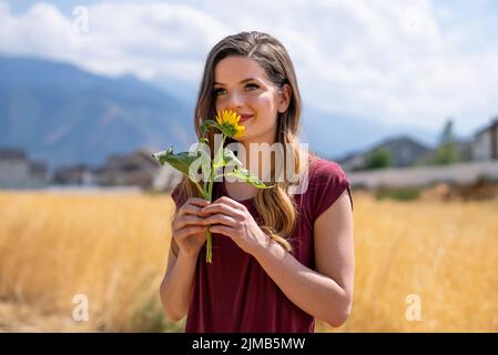 Die lässig gekleidete junge Frau riecht vor dem Feld eine Sonnenblume Stockfoto