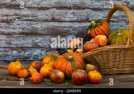 Korb voll von Kürbissen, Äpfeln und verschiedenen Herbstfrüchten und Blumen Stockfoto