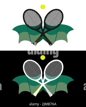 Design-Badge-Vorlage für das Tennis-Sport-Logo mit Symbol, Design-Element mit zwei Schlägern und Ball. Grüne, gelbe, schwarze und weiße Farben. Hergestellt in Vektorgrafik. Stock Vektor