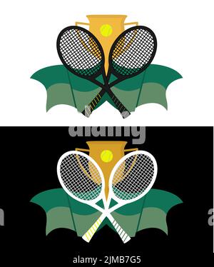 Design-Badge-Vorlage für das Tennis-Sport-Logo mit Symbol, Design-Element mit zwei Schlägern, Pokal und Ball. Grüne, gelbe, schwarze und weiße Farben. Hergestellt in Vect Stock Vektor