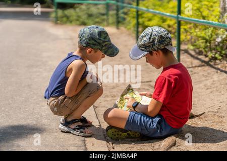 Zwei kleine Jungen, die an einem sonnigen Sommertag im neuen Zoo auf einer Karte mit Informationen sitzen Stockfoto