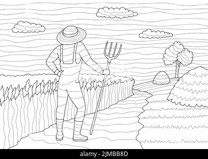 Farmer Färbung Grafik schwarz weiß Landschaft Skizze Illustration Vektor Stock Vektor