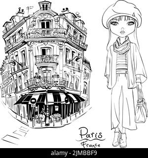 Vector nettes Mädchen auf einer pariser Straße in Paris, Frankreich. Schwarz-Weiß-Illustration für Malbuch. Stock Vektor