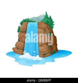 Der Wasserfall des Flusses fällt von den isolierten Wasserfallströmen der Klippen. Vektor Cartoon Landschaft mit Berg und Kiefer, Spiel Asset Design Stock Vektor