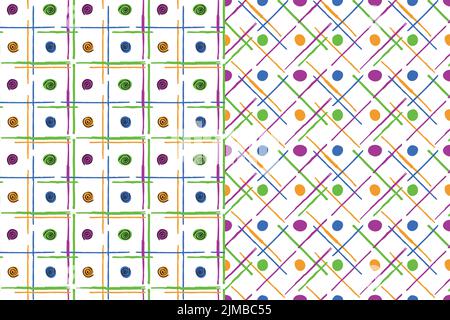 Geometrische Check nahtlose Muster, Sammlung von 2. Handgezeichnete Doodle-Linien, Cartoon-Design, dekorativer Wirbel, Kreiselemente. Halloween-Party Stock Vektor