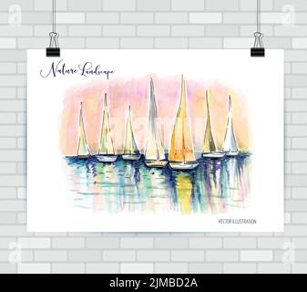 Segelboot Vektor Farbskizze. Seegacht, die auf der Wasseroberfläche schwimmt. Handgezeichnete Abbildung. Stock Vektor