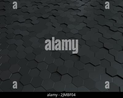 Abstrakt Wabenplatte Metallic 3D Hintergrund. Metallischer sechseckiger dunkler Hintergrund oder Textur. Stockfoto