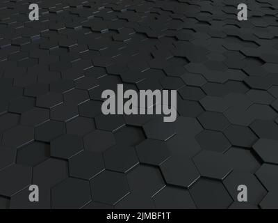 Abstrakt Wabenplatte Metallic 3D Hintergrund. Metallischer sechseckiger dunkler Hintergrund oder Textur. Stockfoto