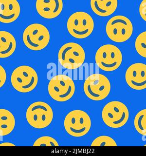 Retro-gelbes Happy-Smile-Muster auf blauem Hintergrund. Nach dem Zufallsprinzip angeordnete Emoticons. Witziger Retro-Hintergrund. Stock Vektor