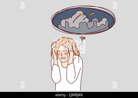 Unglückliche Frau sorgte sich um die Bombenanschläge in der Stadt. Ungesund gestresste Frauen denken an einen Kriegsangriff in der Stadt. Vektorgrafik. Stock Vektor