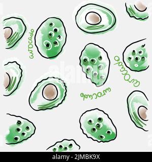 Avocado. Nahtloses Muster von awacade Kritzeleien mit handschriftlichen Buchstaben. Wiederholender Hintergrund. Obst-Druck. Niedlichen Cartoon-Stil. Mode-Illustration Stock Vektor
