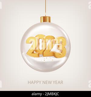 Neujahrskarte mit den Zahlen 2023 in Glaskugel auf hellbeigem Hintergrund. 2023 Frohes neues Jahr. Realistische Vektordarstellung. Stock Vektor