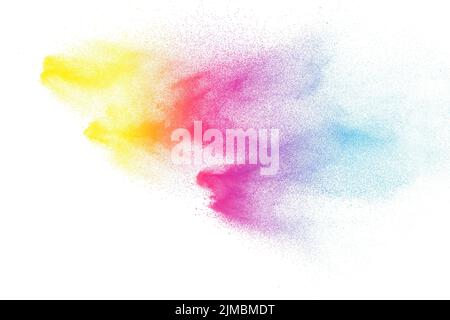 Abstrakte Farbe Pulverexplosion auf weißem Hintergrund.Freeze Bewegung von Staub Spritzer. Holi in fe gestrichen Stockfoto
