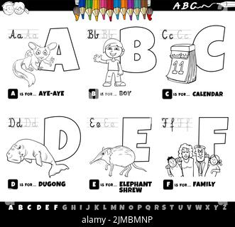 Schwarz-Weiß-Cartoon-Illustration von Großbuchstaben aus Alphabet Lernset zum Lesen und Schreiben Praxis für Kinder aus A bis F colori Stock Vektor