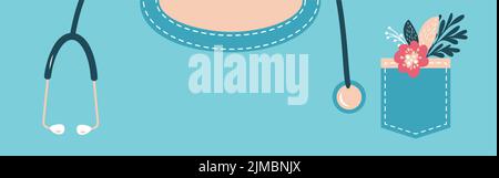 Vector Medical Healthcare Banner Hintergrund mit Stethoskop und Blumen in der Tasche. Grußkarten-Design für den Internationalen Ärztetag mit Platz Stock Vektor
