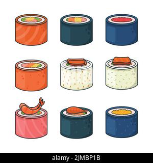 Ein Satz köstlicher Sushi-Rollen, isoliert auf weißem Hintergrund Stock Vektor