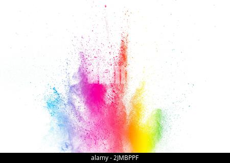 Bunte Explosion für Happy Holi Pulver. Abstrakt Hintergrund der Farbpartikel Burst oder Spritzwasser. Stockfoto