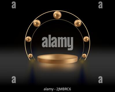 Abstrakt schwarz, goldener Würfelpodest, schwarzer leerer Raum, Schatten des Fensters. Stock Vektor