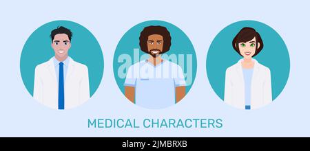 Flache männliche und weibliche Ärzte Vektor-Illustration Menschen Cartoon Avatar Profil Zeichen gesetzt. Krankenhauspersonal: Arzt, Krankenschwester. Das Konzept o Stock Vektor
