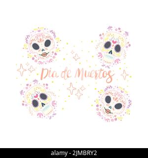 Mexiko Blumen, Schädel und Nahrungselemente auf weißem Hintergrund. Vektorgrafik Stock Vektor