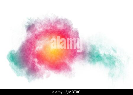 Bunte Pulver Explosion auf weißem Hintergrund. Stockfoto