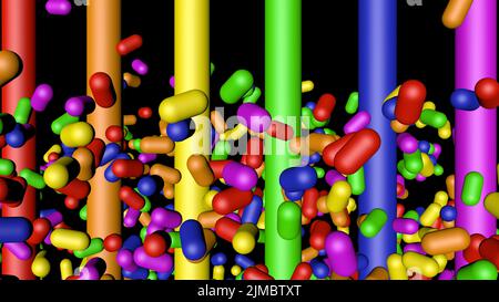 Rainbow Color Capsules, 3D Rendering on Black Stockfoto