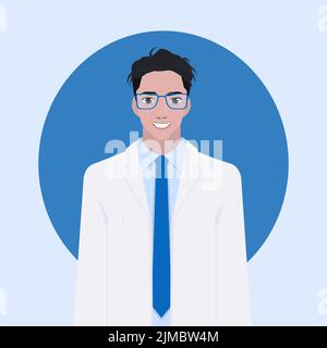 Flacher Halbkörper-Mann mit Brille. Gesundheit junge Ärzte Vektor Illustration Person Cartoon Avatar Profil Charakter. Krankenhauspersonal: Arzt, Krankenschwester Stock Vektor