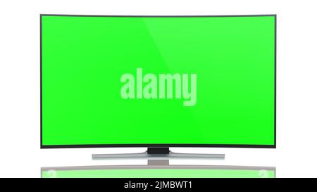 UltraHD Smart TV mit geschwungenem grünen Bildschirm auf weißem Display Stockfoto