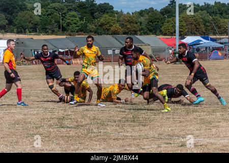 Rugby Sevens beim Bula Festival in Aldershot, Hampshire, England, Großbritannien, 5.. August 2022. Eine Feier der fidschianischen Kultur, vor allem in der britischen Armee. Stockfoto