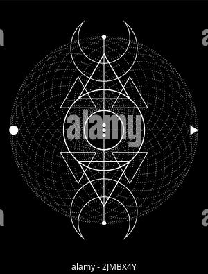 Magischer Dreifachmond. Symbol der Wikingergottheit, keltische Heilige Geometrie, Wiccan weißes Logo Tattoo, alchemistische esoterische Dreiecke. Geistlicher Okkultismus Stock Vektor